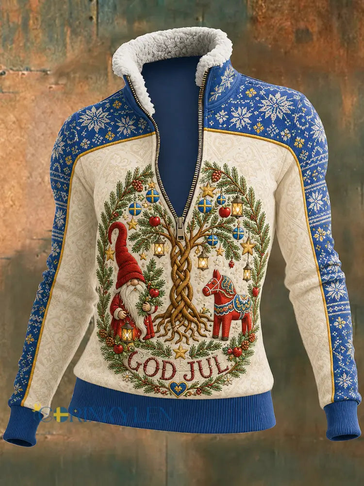 Damsweater med svensk julprint dragkedja lammull och lång ärm - blå / S