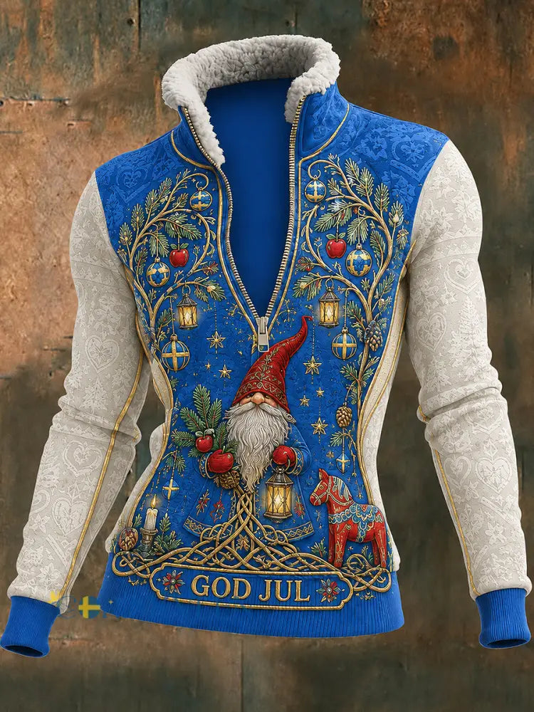 Damsweater med svensk julprint dragkedja lammull och lång ärm - blå / S