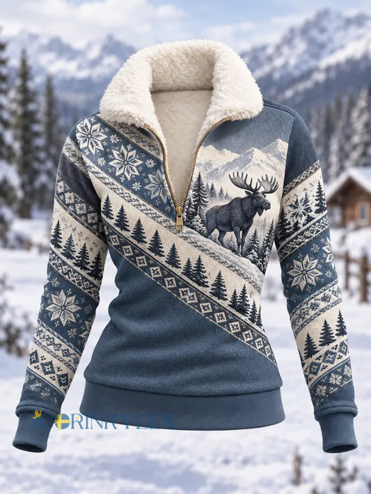 Damsweatshirt i kompositfleece med älgmönster för vinterbruk avslappad stil - blå / S