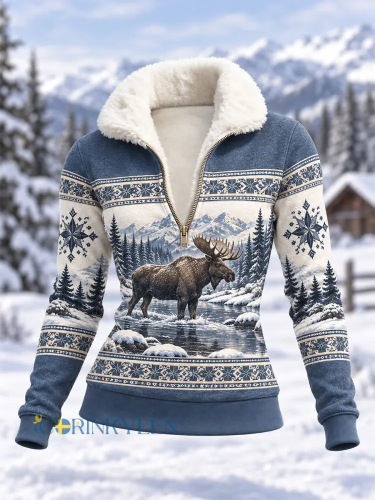 Damsweatshirt i kompositfleece med älgmönster för vinterbruk avslappad stil - blå / S
