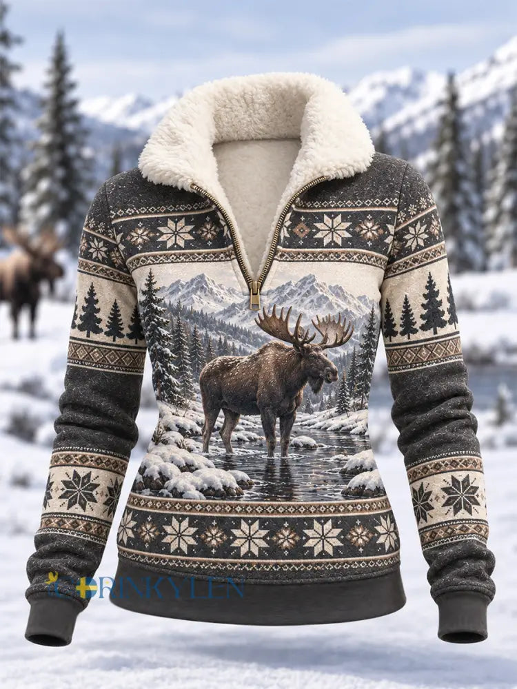 Damsweatshirt i kompositfleece med älgmönster för vinterbruk avslappad stil - grå / S
