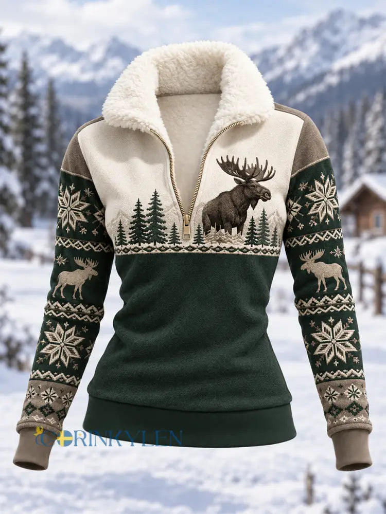 Damsweatshirt i kompositfleece med älgmönster för vinterbruk avslappad stil - mörk gröna / S
