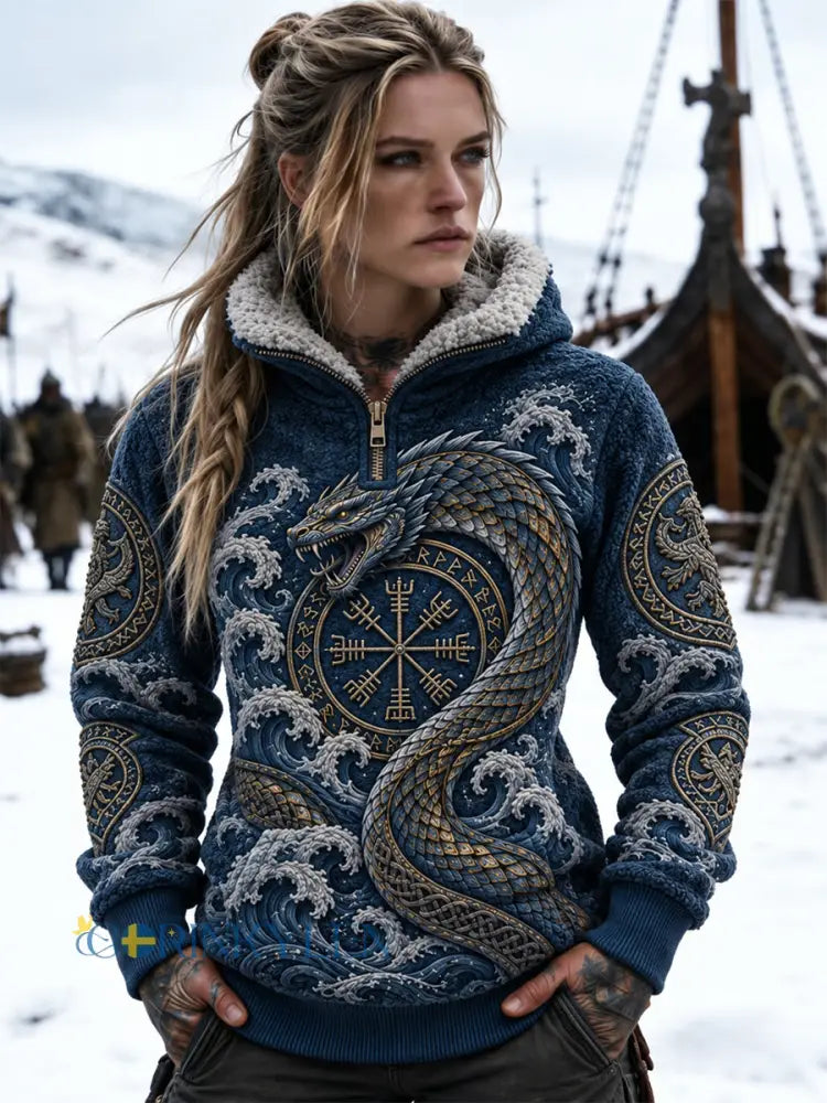 Damsweatshirt i retro nordisk vikingstil med fleecefoder och dragkedja - djupblåa / S