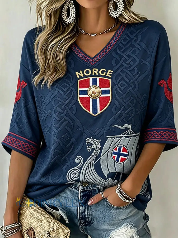 Damtröja för norska fotbollssupportrar halvlånga ärmarna och v-ringning - blå sjöfart / S