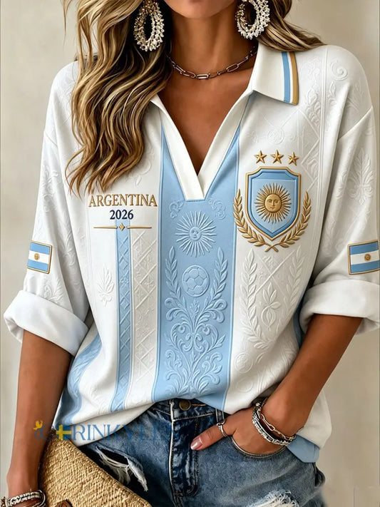 Damtröja i argentinisk fotbollsstil med halvlånga ärmar och v-ringning - som bild / S