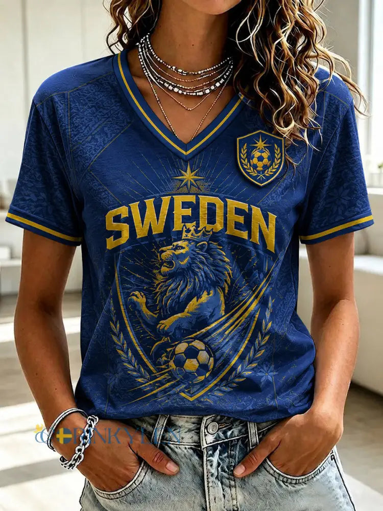 Damtröja i fotbollsstil från Sverige med V-ringning och tryck - blå / S
