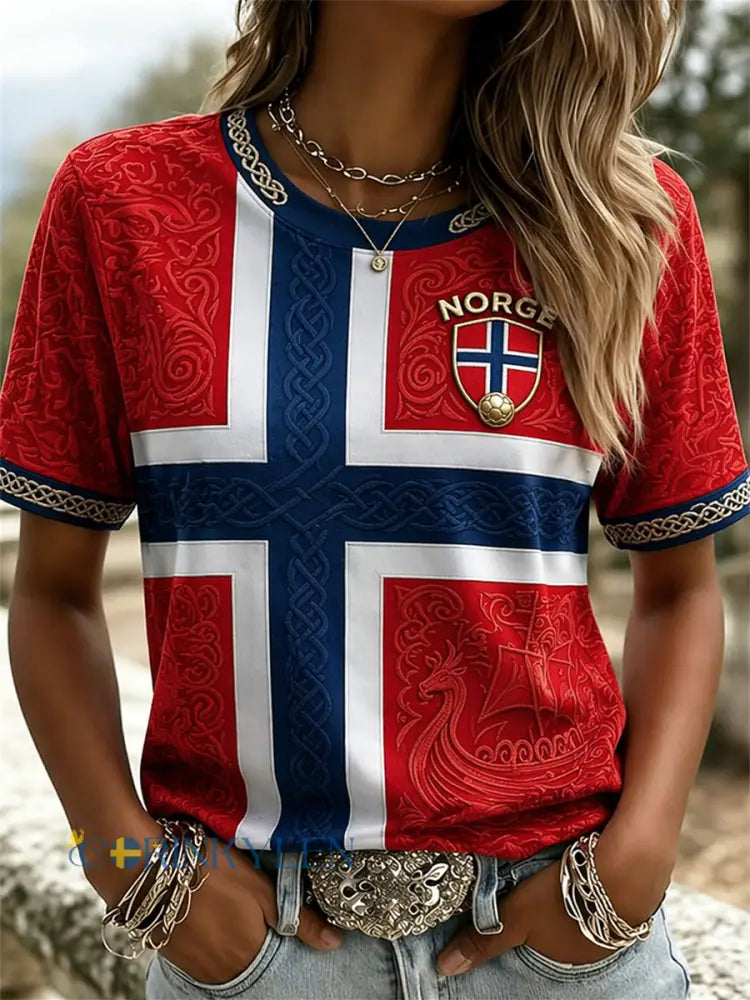 Damtröja i fotbollsstil med norsk vikingabåt keltisk knut och flaggmönster i färgblock kortärmad - röd / S