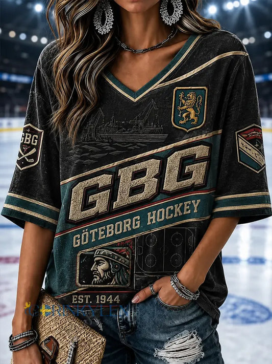 Damtröja i linne med V-ringning Göteborg Hockey Heritage-mönster 1944 - A / S
