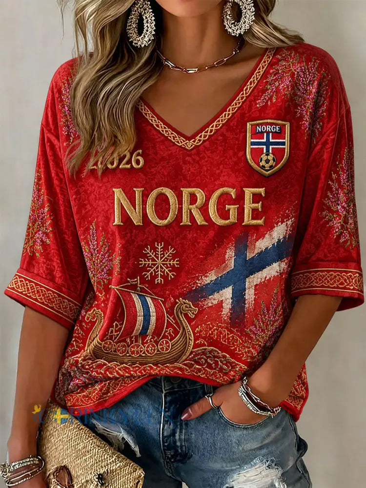 Damtröja i Norges fotbollsmotiv avslappnad stil - röd / S