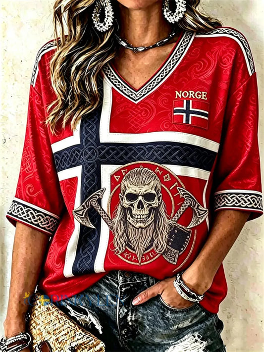 Damtröja i norsk vikingstil med drakhuvud keltisk knut och flaggmönster halvlånga ärmar och V-ringning - röd / S