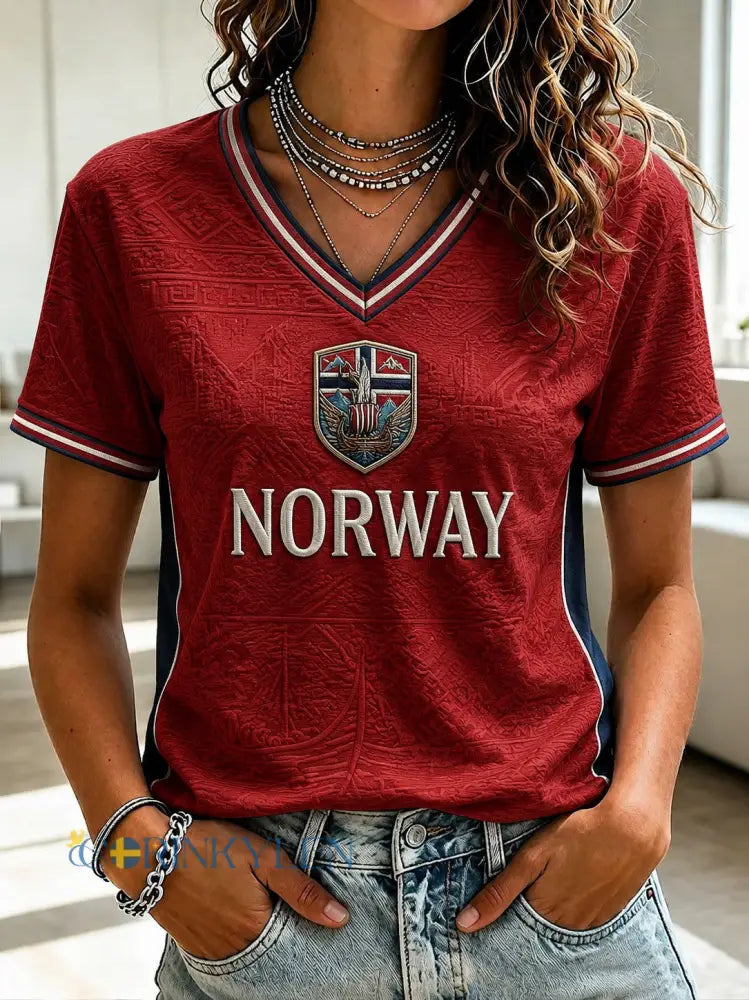 Damtröja i norskt fotbollsmotiv med V-ringning - röd / S