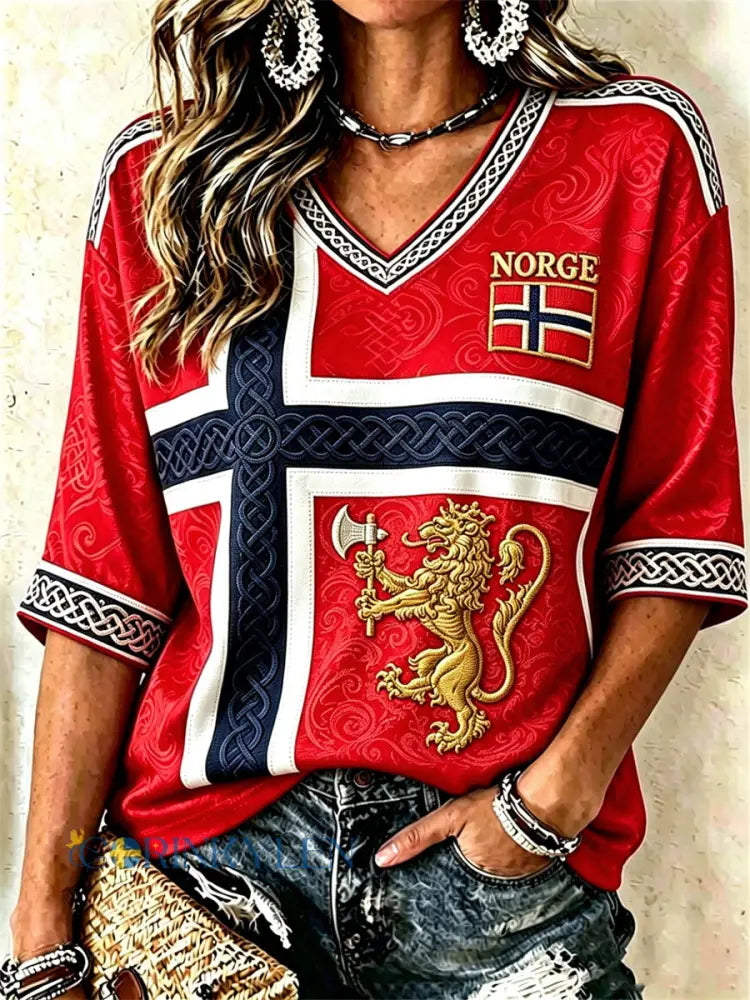 Damtröja i norskt tema med lejon vikingar och keltiskt knutmotiv mittenlångärmad V-ringning - röd / S