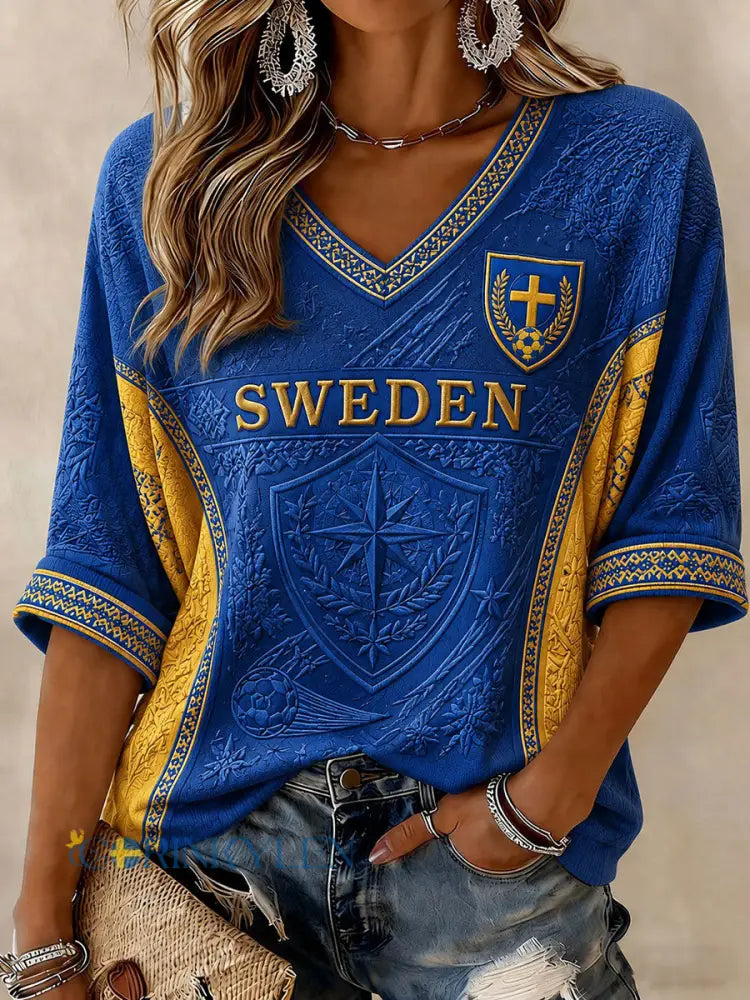 Damtröja i svensk fotbollsstil med tryckt mönster halvlånga ärmar och v-ringning - blå / S