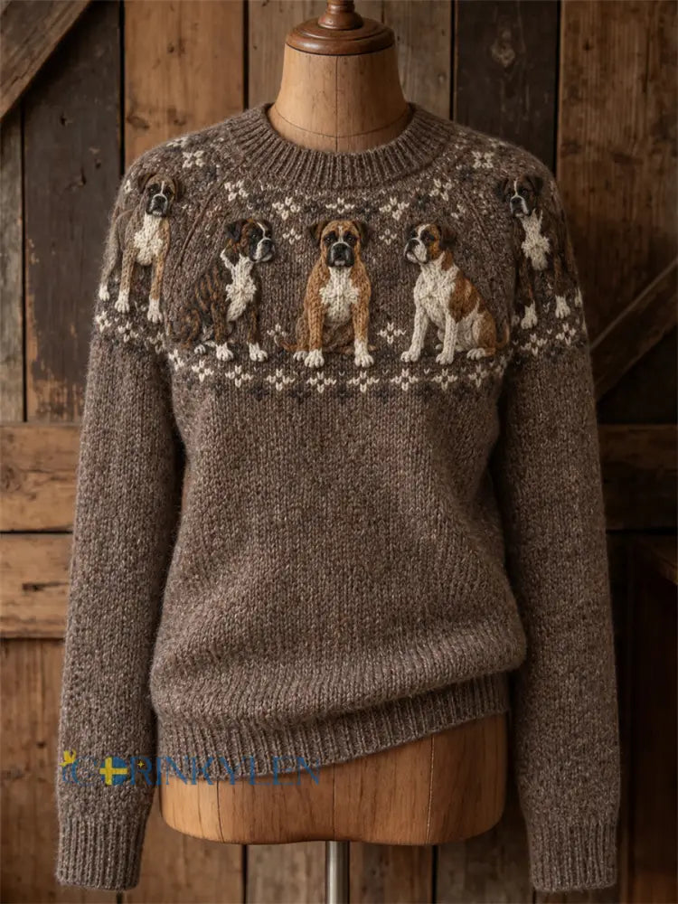 Damtröja i vintagestil med boxershundar och Yoke Isle-mönster rund hals - brun / S