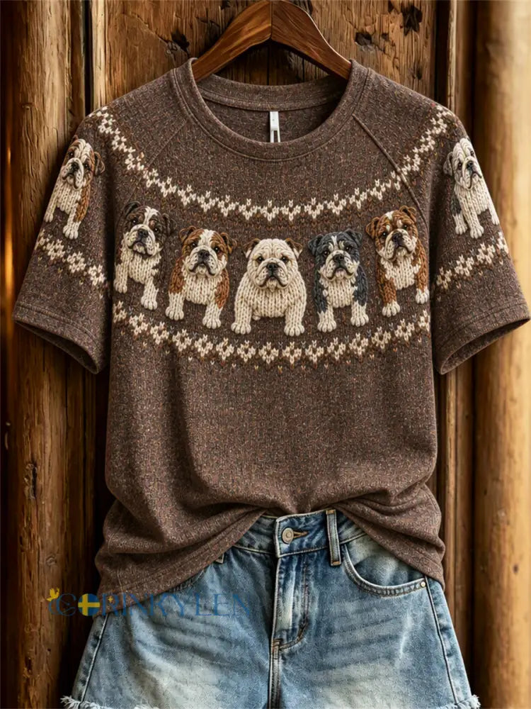 Damtröja i vintagestil med Bulldog-yoke och Isle-print kortärmad - mörk brun / S