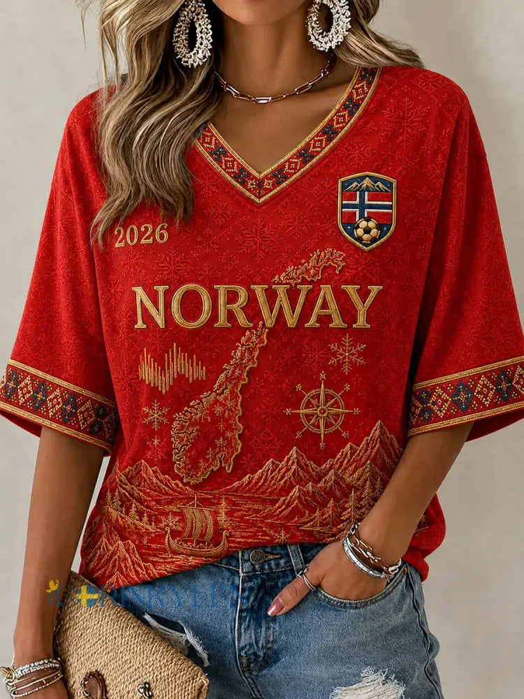 Damtröja med fotbollsmotiv från Norge avslappnad stil - röd / S