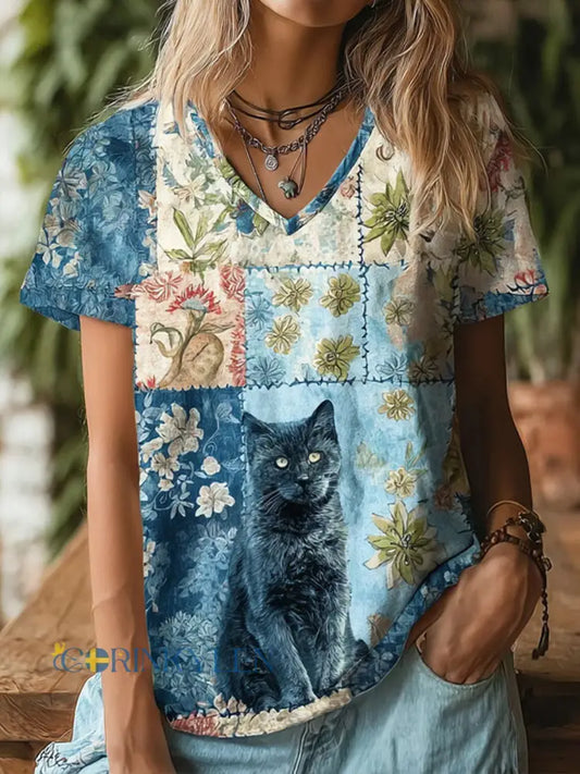 Damtröja med kattkonsttryck avslappnad T-shirt - som bild / S