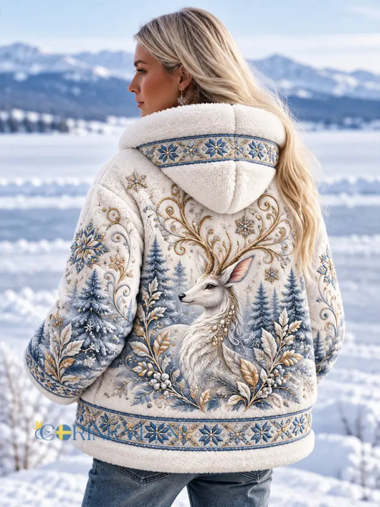 Damtröja med nordisk skogs- och djurprint fodrad med fleece och långa ärmar - A / S