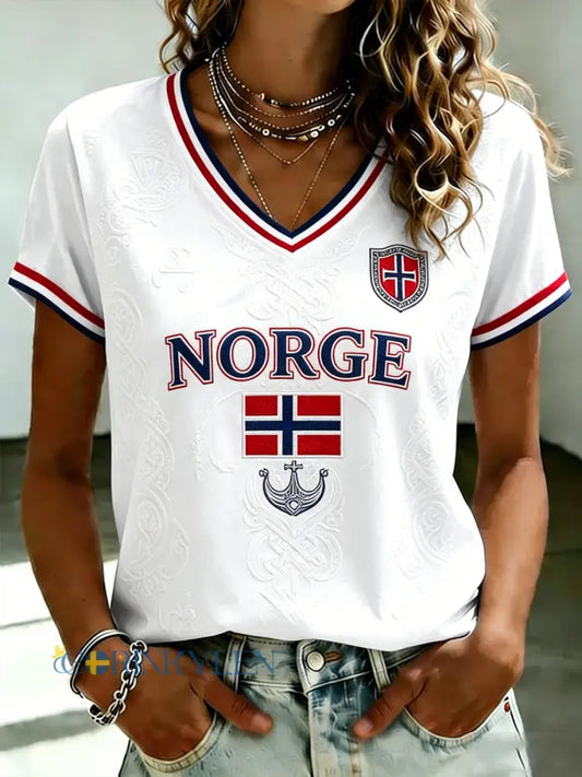 Damtröja med Norge-fotbollstryck och v-ringning - som bild / S