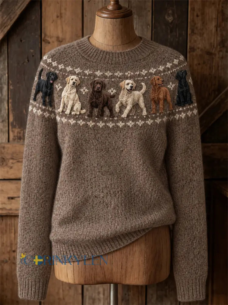 Damtröja med rund hals och vintage-mönster av labradorhundar från Yoke Isle - brun / S