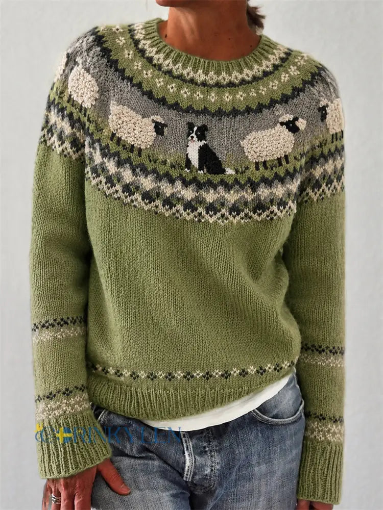 Damtröja med rund halsringning i vintagestil med motiv av border collie och får vid en bondgård på ön Yoke - grönt / S