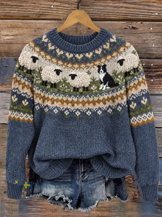Damtröja med rund halsringning vintage-mönster med border collie och fluffiga får från Yoke Isle - djupblåa / S