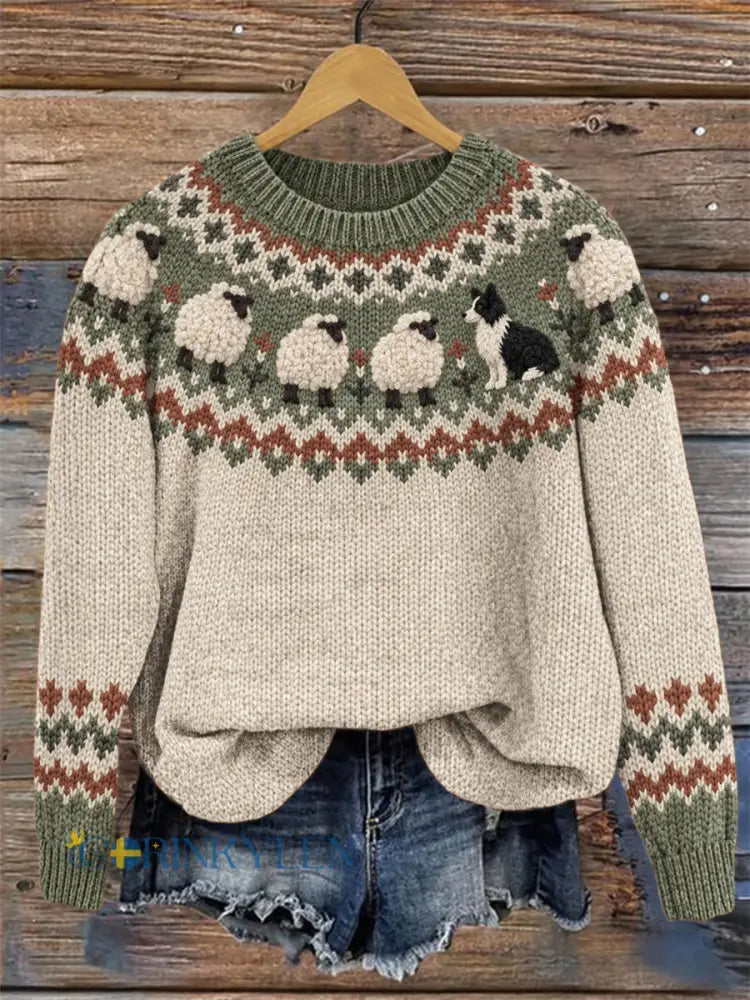 Damtröja med rund halsringning vintage-mönster med border collie och fluffiga får från Yoke Isle - kränk-vitt / S