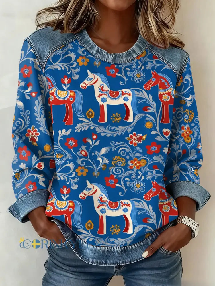 Damtröja med svensk dalahäst konstmönster och lapptäcksdesign - som bild / S