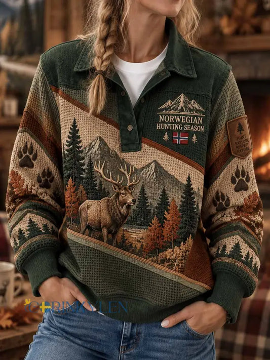 Damtröja med vintage-tryck i traditionellt jaktmönster - som bild / S