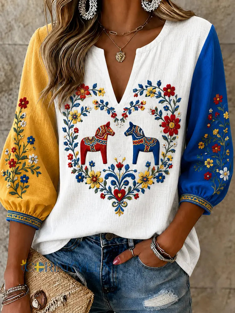 Damvintage tröja i svensk stil med broderad blommönster midsommarart-print och avslappnad stil i bomull-linne - A / S