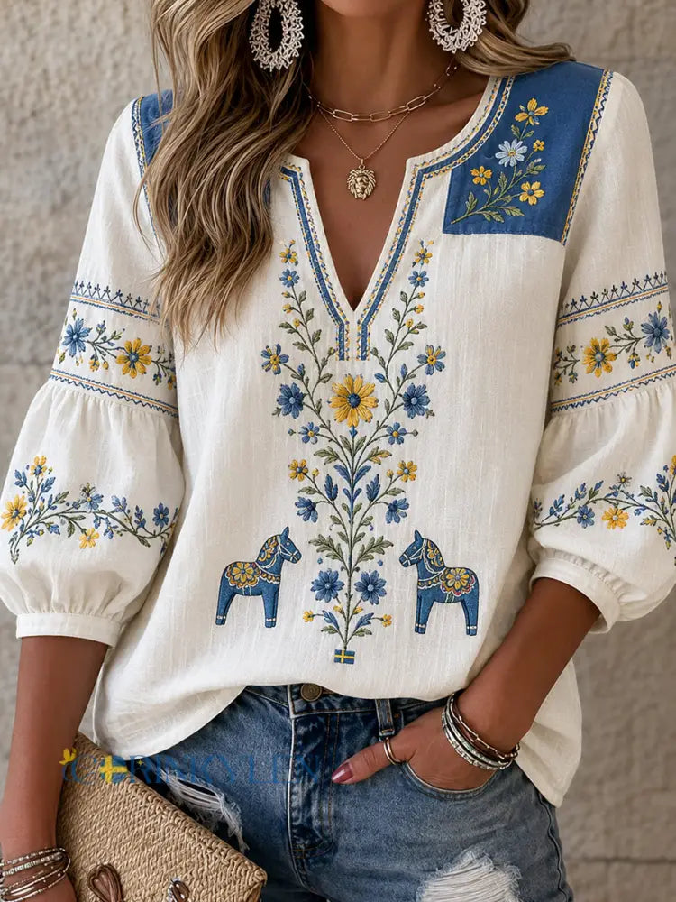 Damvintage tröja i svensk stil med broderad blommönster midsommarart-print och avslappnad stil i bomull-linne - A / S