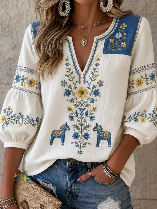 Damvintage tröja i svensk stil med broderad blommönster midsommarart-print och avslappnad stil i bomull-linne - A / S