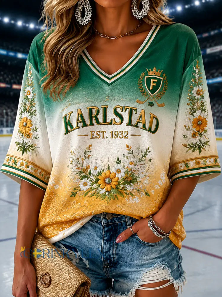 Grönt och vitt dynastimönstrat V-ringat t-shirt - som bild / S