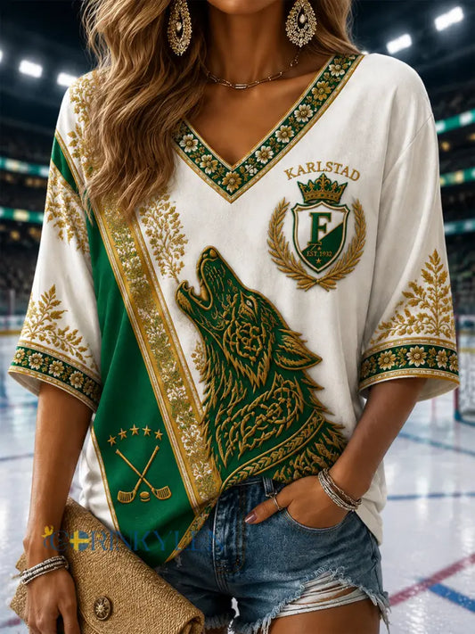 Grönt och vitt ishockeydynasti vintage-v-ringad t-shirt - som bild / S