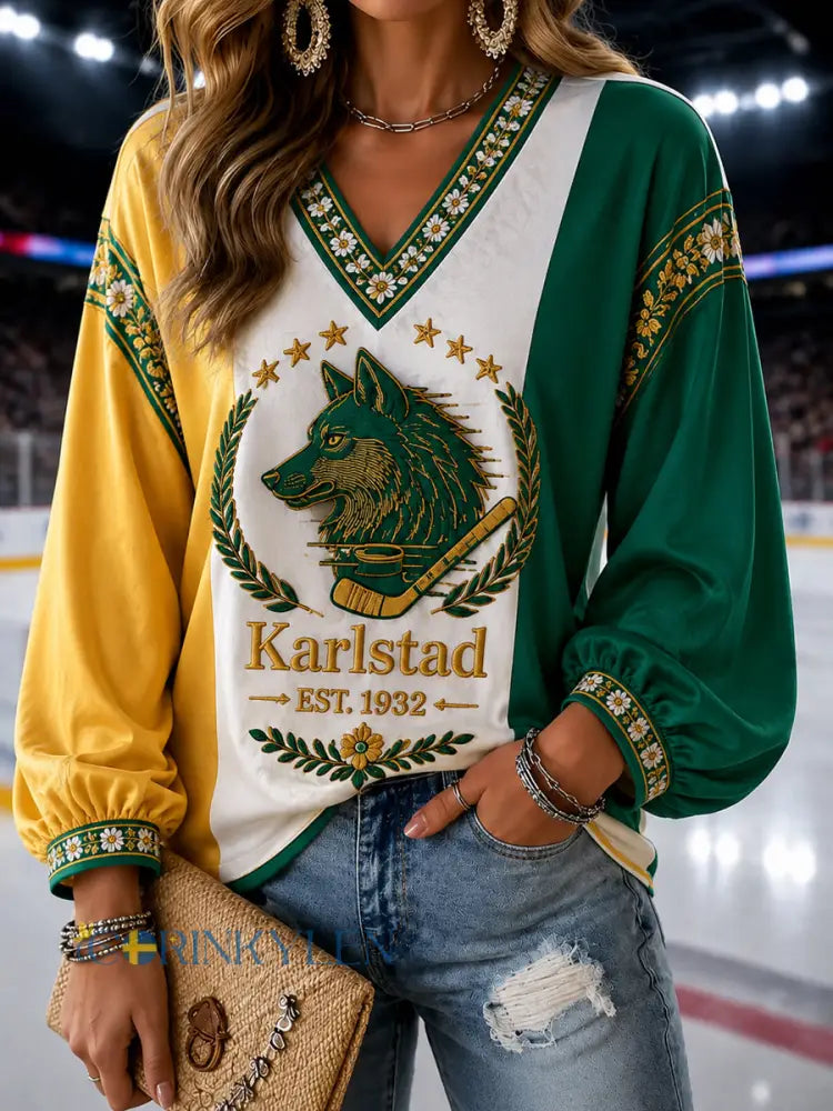 Grönt och vitt ishockeydynasti vintage V-ringad topp - som bild / S