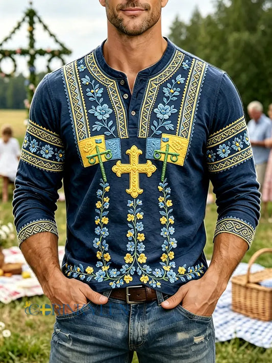 Herr djupblå svensk midsommarblommönstrad avslappnad henleyhalsad långärmad t-shirt - djupblåa / S
