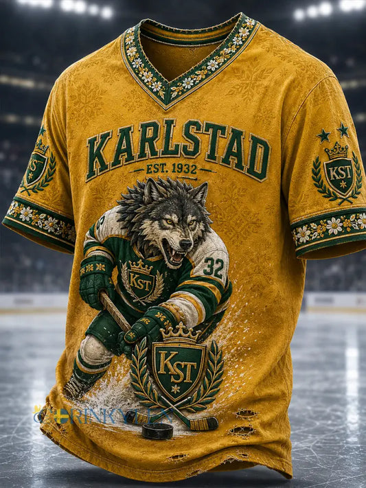 Herr Grönvitt Hockeyarv Vintage V-ringad T-shirt - A / S