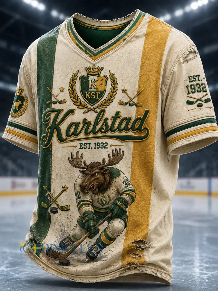 Herr Grönvitt Hockeyarv Vintage V-ringad T-shirt - A / S