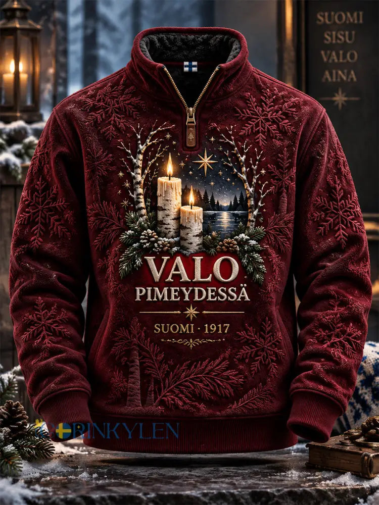 Herr Retro Finska Självständighetsdag Halv-Zip Sweatshirt - vinröd / S