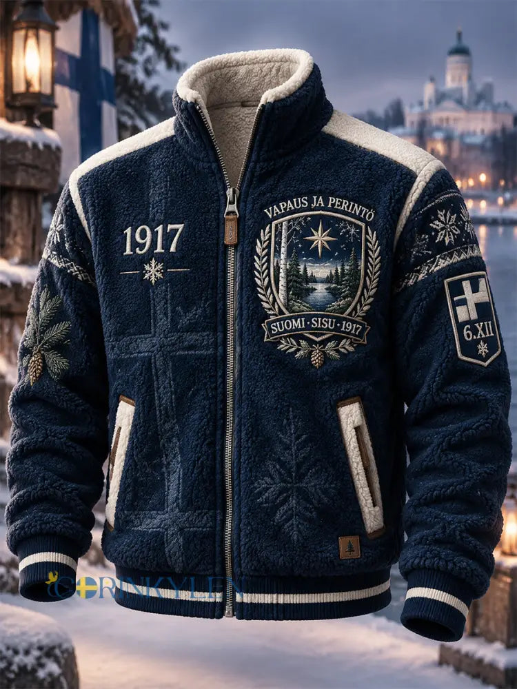 Herr Retro Finska Självständighetsdagen blixtlåsjacka - djupblåa / S