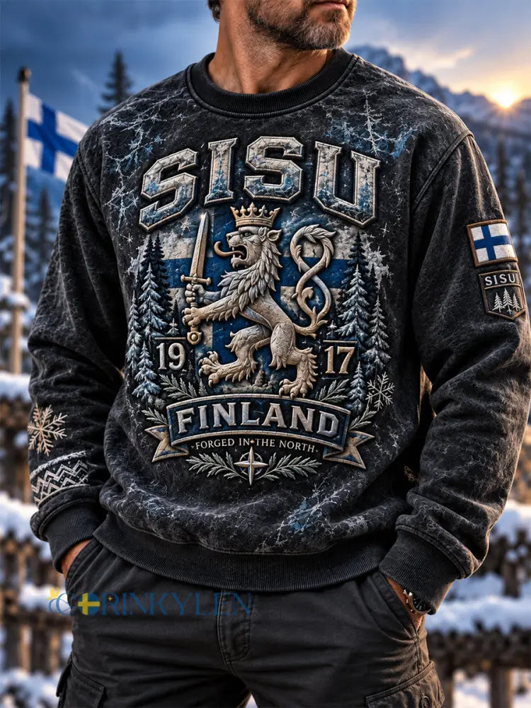 Herr Retro Finska Självständighetsdagen Långärm Crewneck Sweatshirt - svart / S