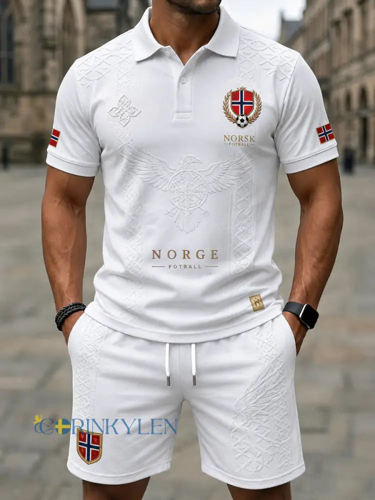 Herr Retro Nordic-stil norska fotbollsfläkt Casual 2-stycke Jersey Set med konstnärlig tryckt - A / S