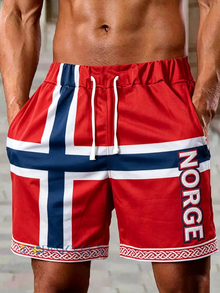 Herr Retro Norska Viking mönster Tryckta Shorts - röd / S