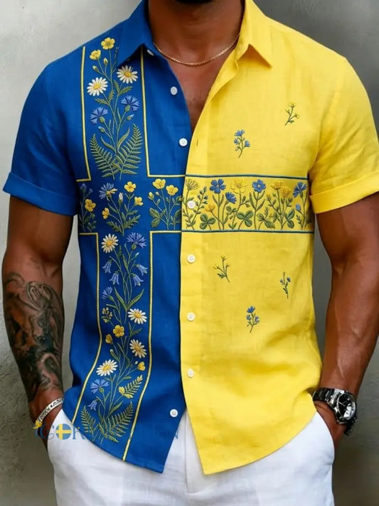 Herr Retro Svenska midsommar Folk Floral Cotton-Linen Short-Slem skjortar - blå / S