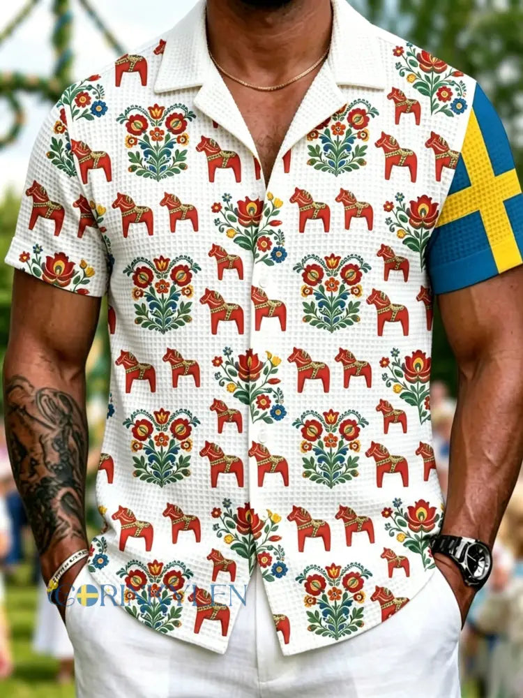 Herr Retro Svenska midsommar Folkblommis våffla Kort ärm skjortar - vitt / S