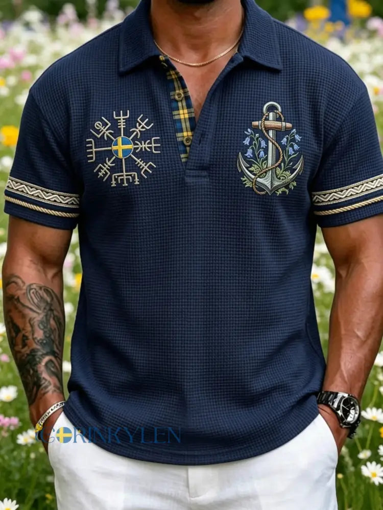 Herr Retro Svenska midsommar Folkblommis våffla Polo tröja - blå sjöfart / S