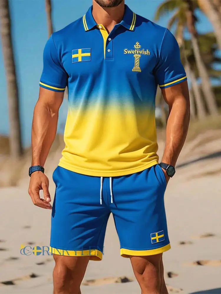 Herr Retro Svenska Midsommar Gradient Casual Polo Shorts Set - blå / S