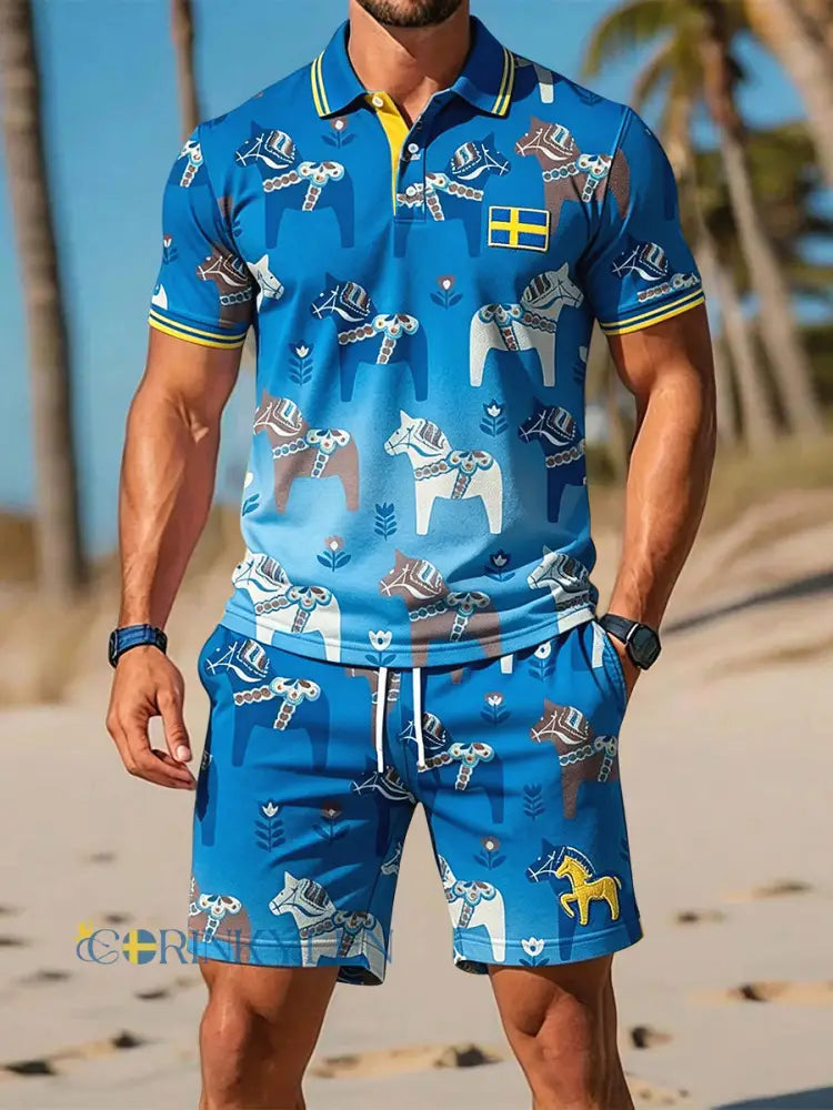 Herr Retro Svenska Midsommar karusel Casual Polo Shorts Set - blå / S