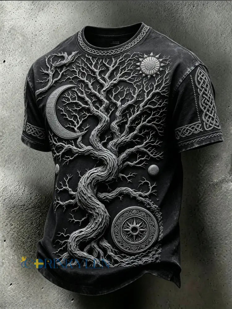 Herr Retro Viking Celtic Mytologisk mönster Tryckt tvättad T-shirt - svart / S
