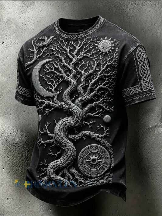 Herr Retro Viking Celtic Mytologisk mönster Tryckt tvättad T-shirt - svart / S